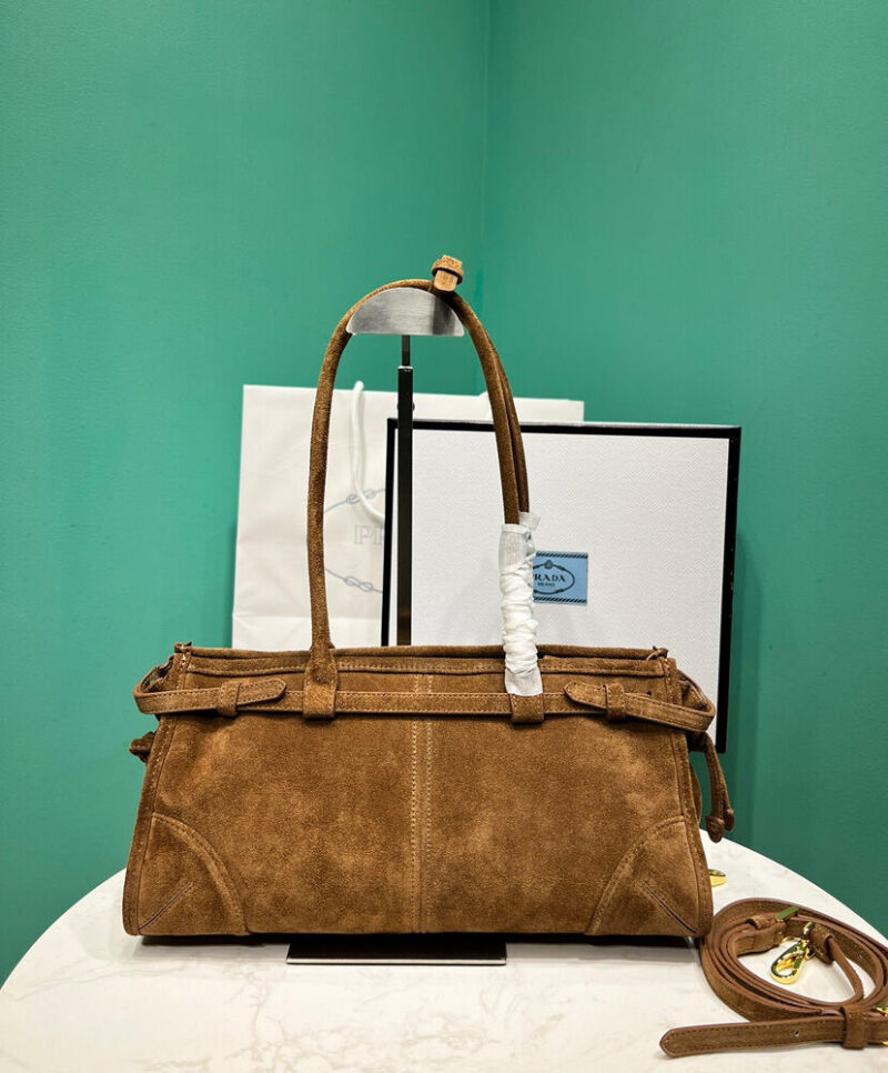 Prada Medium Suede Handbag 1BA426 Coffee